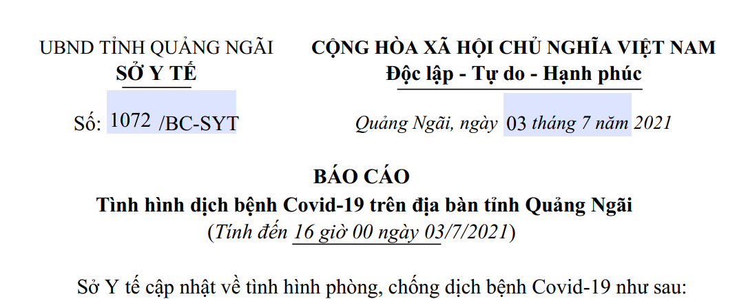 Sở Y tế cập nhật tình hình phòng, chống dịch bệnh Covid-19 trên địa bàn tỉnh Quảng Ngãi (Tính đến ngày 03/7/2021)
