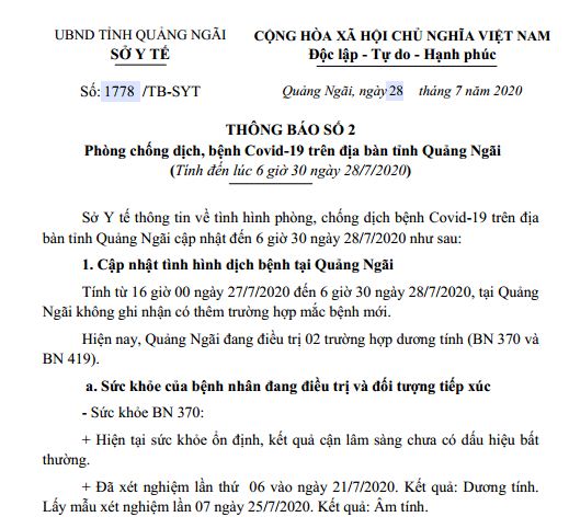 Cập nhật tình hình phòng chống dịch, bệnh Covid-19 trên địa bàn tỉnh Quảng Ngãi đến 6 giờ 30, ngày 28/7/2020