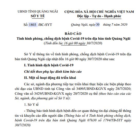 Cập nhật tình hình phòng, chống dịch bệnh Covid-19 trên địa bàn tỉnh Quảng Ngãi đến 16 giờ 00, ngày 30/7/2020