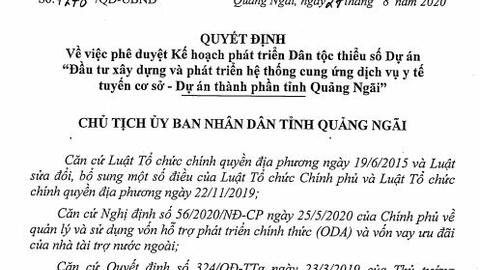 Phê duyệt Kế hoạch phát triển Dân tộc thiểu số Dự án "Đầu tư xây dựng và phát triển hệ thống cung ứng dịch vụ y tế tuyến cơ sở - Dự án thành phần tỉnh Quảng Ngãi"