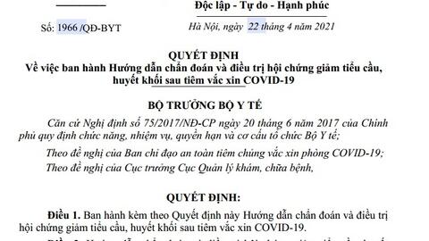Hướng dẫn chẩn đoán, điều trị hội chứng giảm tiểu cầu, huyết khối sau tiêm vắc xin COVID-19